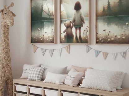 Teddy Bear Wall Art – Vintage Nursery Print for Girls • Set of 3