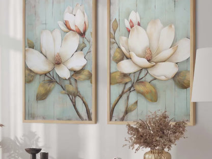 White Magnolia Wall Art – Floral Living Room Print • Set of 2