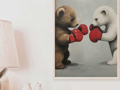 Vintage Boxing Bears Wall Decor – Animal Boys Room Print