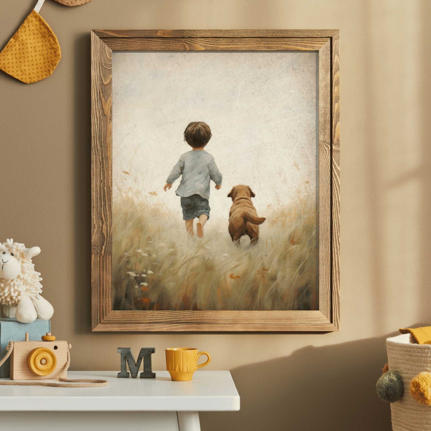 Puppy Nursery Print, Boy and Dog Art, Vintage Wall Decor for Kids - WildfieldPrints