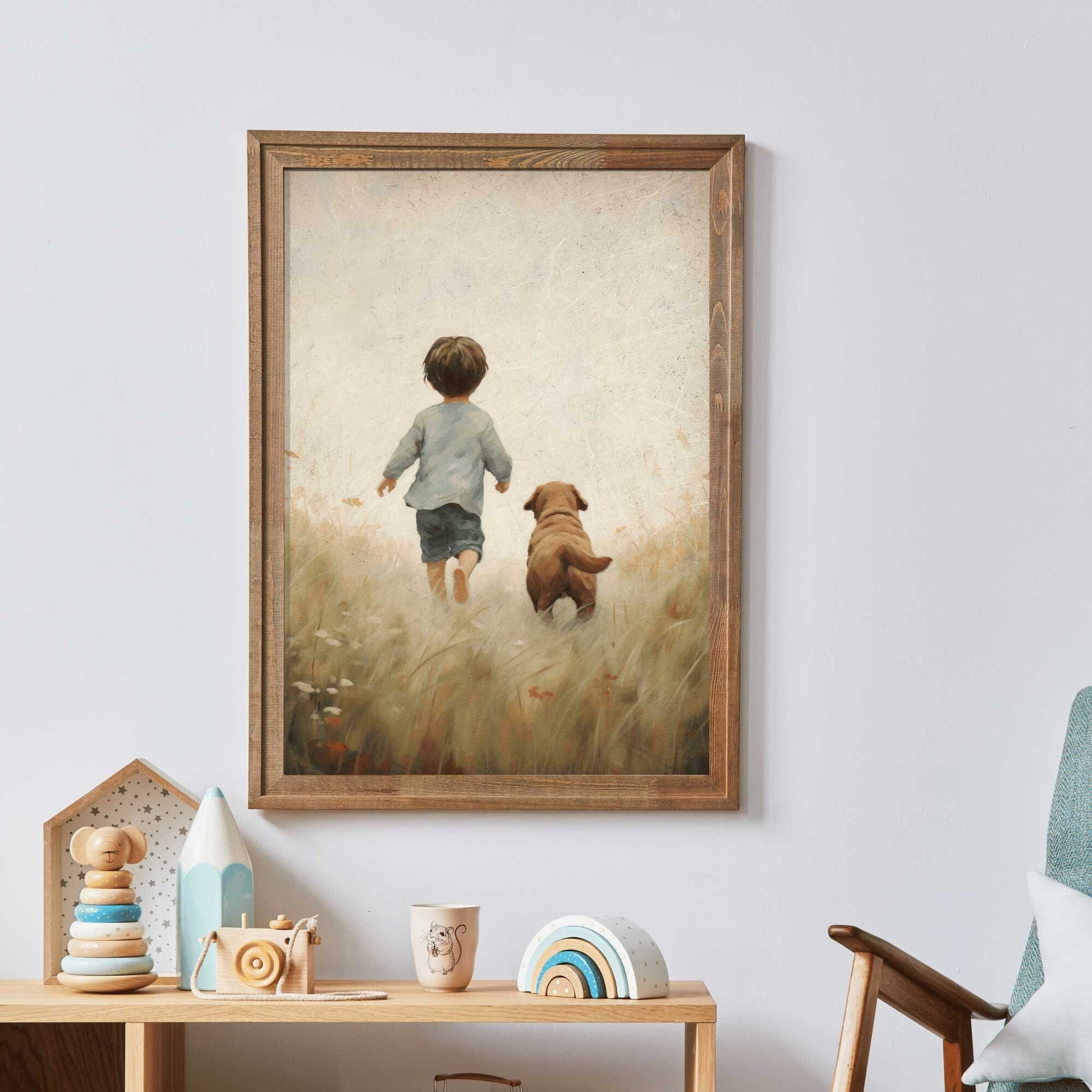 Puppy Nursery Print, Boy and Dog Art, Vintage Wall Decor for Kids - WildfieldPrints