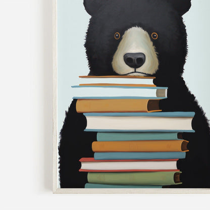 Reading Corner Decor, Bookshelf Wall Art, Black Bear Nursery Decor - WildfieldPrints