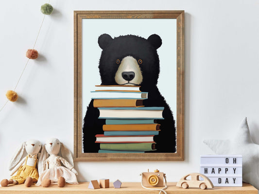 Reading Corner Decor, Bookshelf Wall Art, Black Bear Nursery Decor - WildfieldPrints