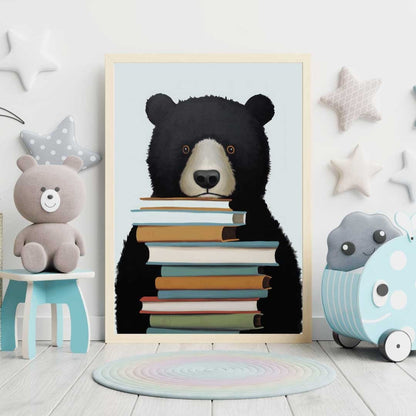 Reading Corner Decor, Bookshelf Wall Art, Black Bear Nursery Decor - WildfieldPrints
