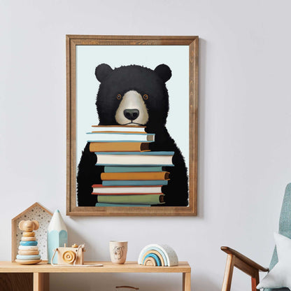 Reading Corner Decor, Bookshelf Wall Art, Black Bear Nursery Decor - WildfieldPrints