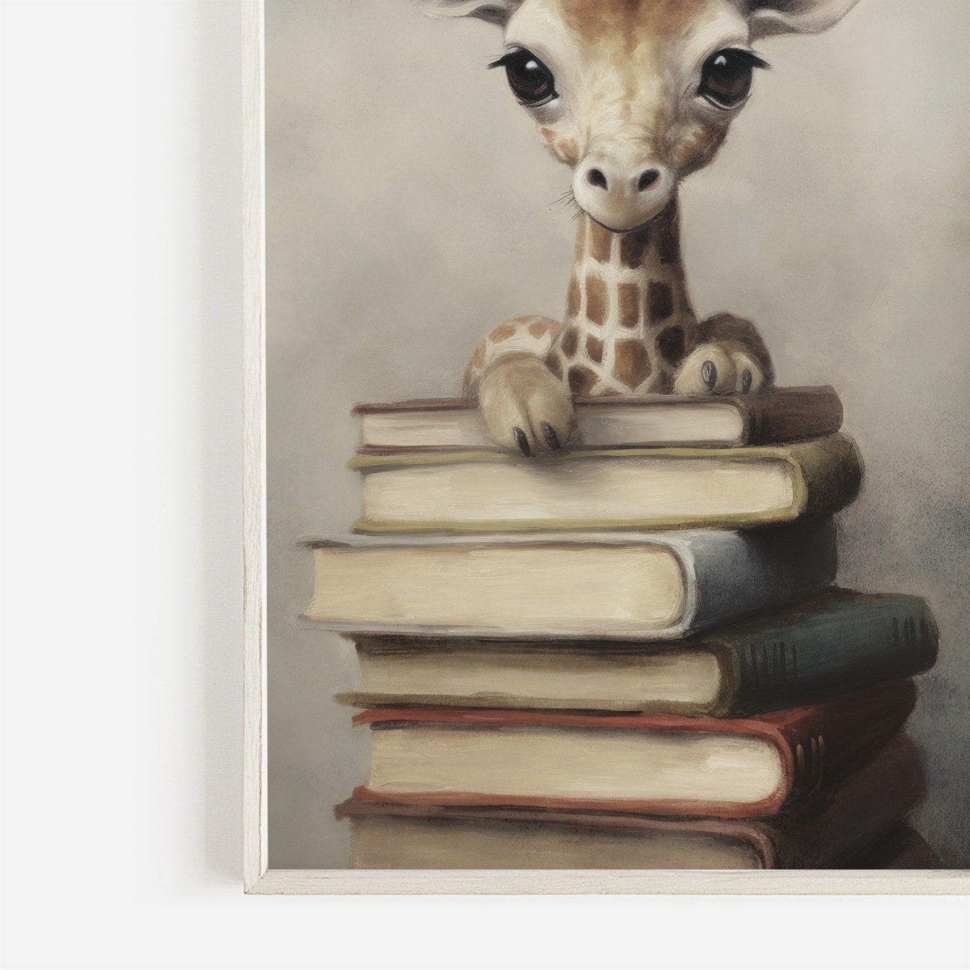 Reading Corner Wall Art, Vintage Giraffe & Books Decor, Kids Room - WildfieldPrints
