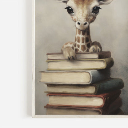 Reading Corner Wall Art, Vintage Giraffe & Books Decor, Kids Room - WildfieldPrints