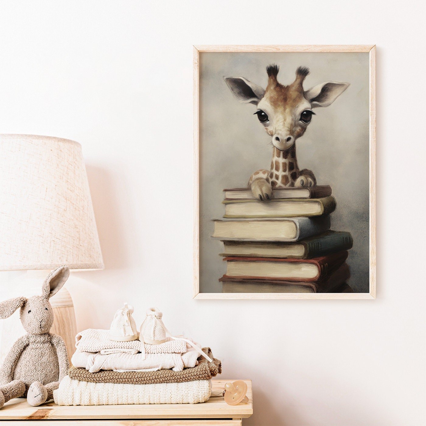 Reading Corner Wall Art, Vintage Giraffe & Books Decor, Kids Room - WildfieldPrints