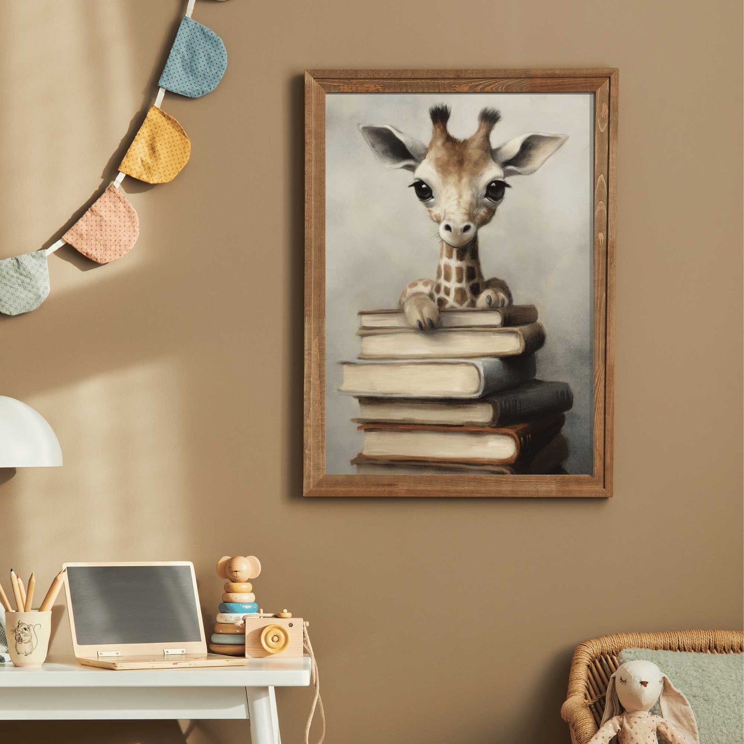 Reading Corner Wall Art, Vintage Giraffe & Books Decor, Kids Room - WildfieldPrints