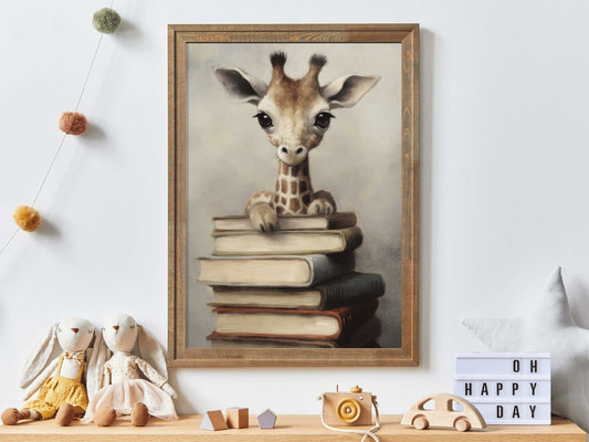 Reading Corner Wall Art, Vintage Giraffe & Books Decor, Kids Room - WildfieldPrints