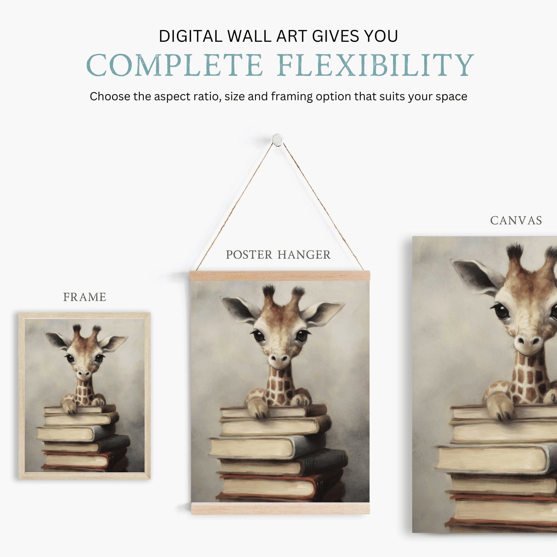 Reading Corner Wall Art, Vintage Giraffe & Books Decor, Kids Room - WildfieldPrints