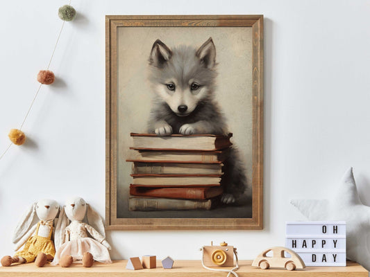 Reading Corner Wall Art, Wolf Nursery Print, Study & Learning Decor - WildfieldPrints