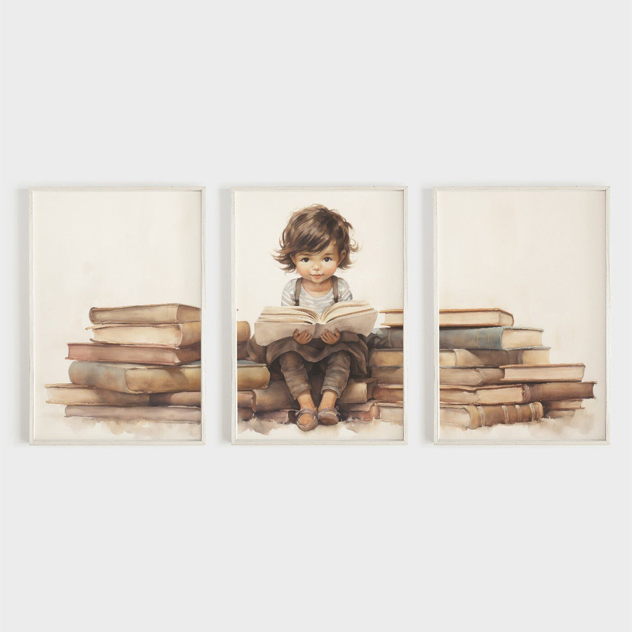Little Girl on Books Wall Art – Vintage Nursery Print for Toddler Room • Set of 3