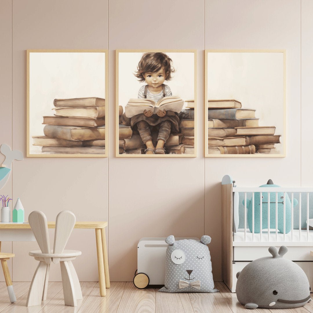 Little Girl on Books Wall Art – Vintage Nursery Print for Toddler Room • Set of 3