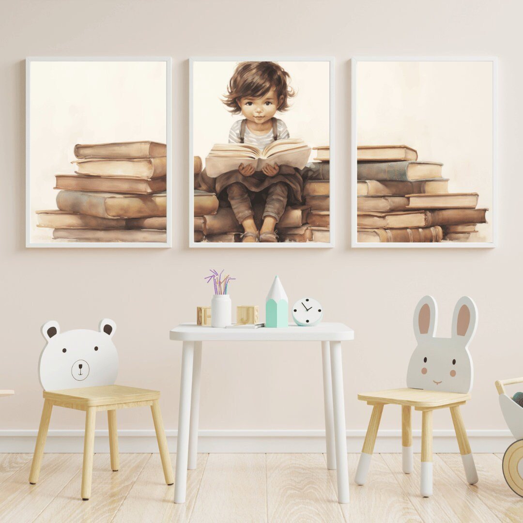 Little Girl on Books Wall Art – Vintage Nursery Print for Toddler Room • Set of 3