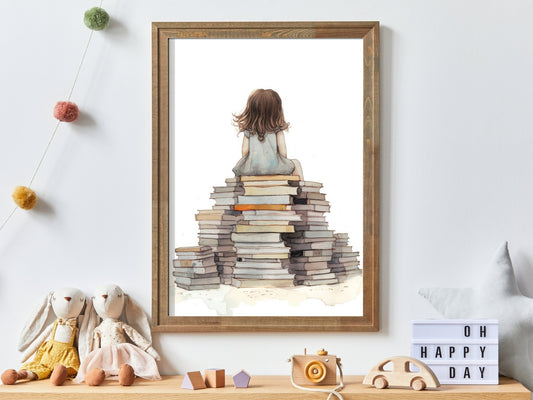 Reading Girl Wall Art, Vintage Style Decor for Kids' Room - WildfieldPrints