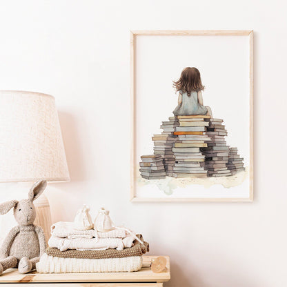 Reading Girl Wall Art, Vintage Style Decor for Kids' Room - WildfieldPrints