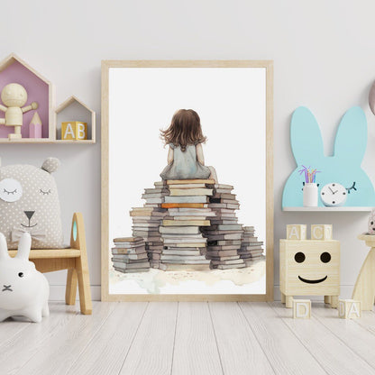 Reading Girl Wall Art, Vintage Style Decor for Kids' Room - WildfieldPrints