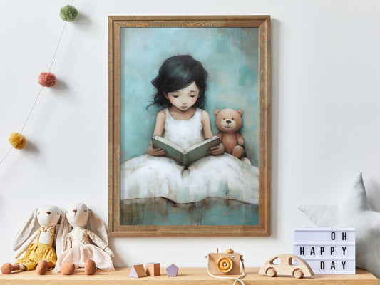Reading - Themed Nursery Art, Adorable Teddy Bear Wall Decor, Rustic Girl Room - WildfieldPrints