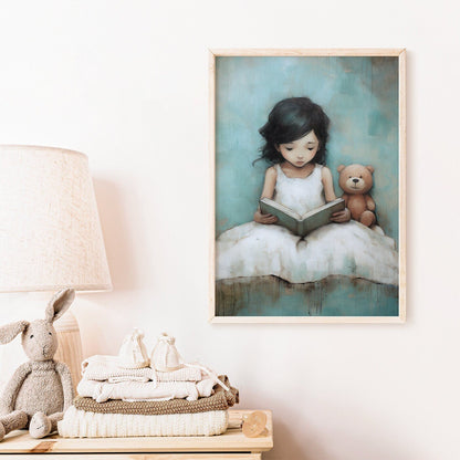 Reading - Themed Nursery Art, Adorable Teddy Bear Wall Decor, Rustic Girl Room - WildfieldPrints