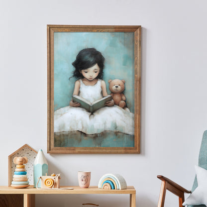 Reading - Themed Nursery Art, Adorable Teddy Bear Wall Decor, Rustic Girl Room - WildfieldPrints