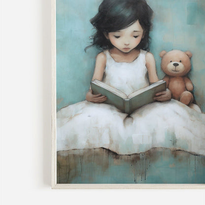 Reading - Themed Nursery Art, Adorable Teddy Bear Wall Decor, Rustic Girl Room - WildfieldPrints