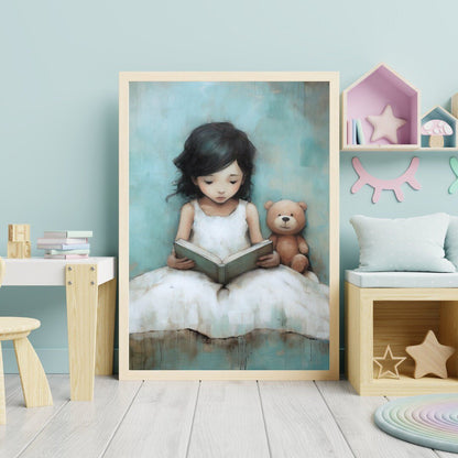 Reading - Themed Nursery Art, Adorable Teddy Bear Wall Decor, Rustic Girl Room - WildfieldPrints