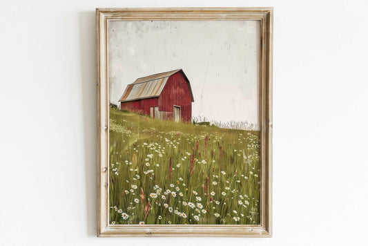 Red Barn Print, Vintage Farmhouse Decor, Farm Print, Wildflower Field, Countryside Landscape, Old Barn Painting,Printable Country Home Decor - My Store