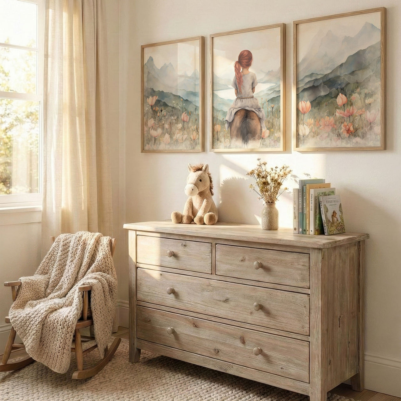 Red - Haired Girl & Horse Print – Equestrian Nursery Wall Art • Set of 3