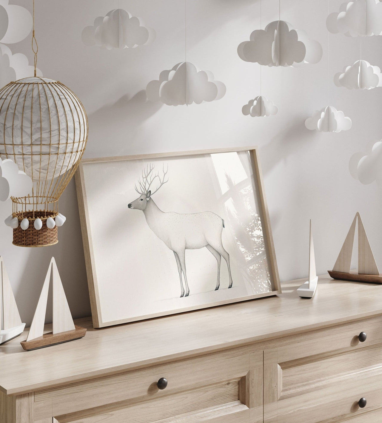 White Reindeer Wall Art – Animal Living Room Print