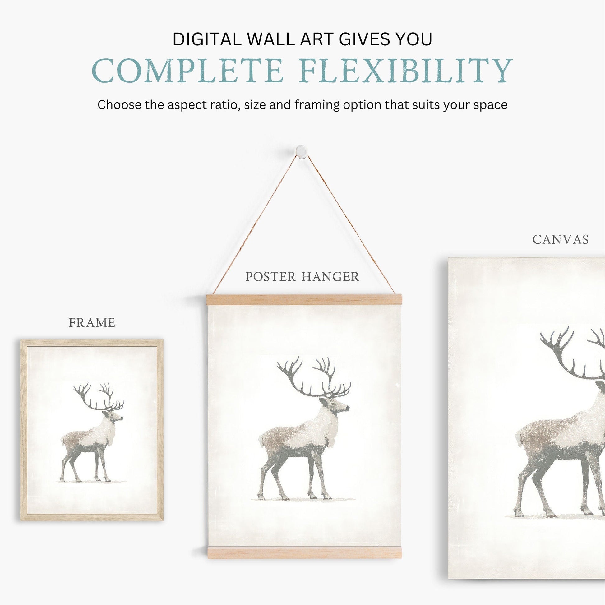 Reindeer Art Print, Minimalist Animal Design, Nordic Farmhouse Decor - WildfieldPrints