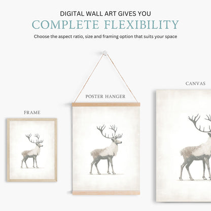 Reindeer Art Print, Minimalist Animal Design, Nordic Farmhouse Decor - WildfieldPrints