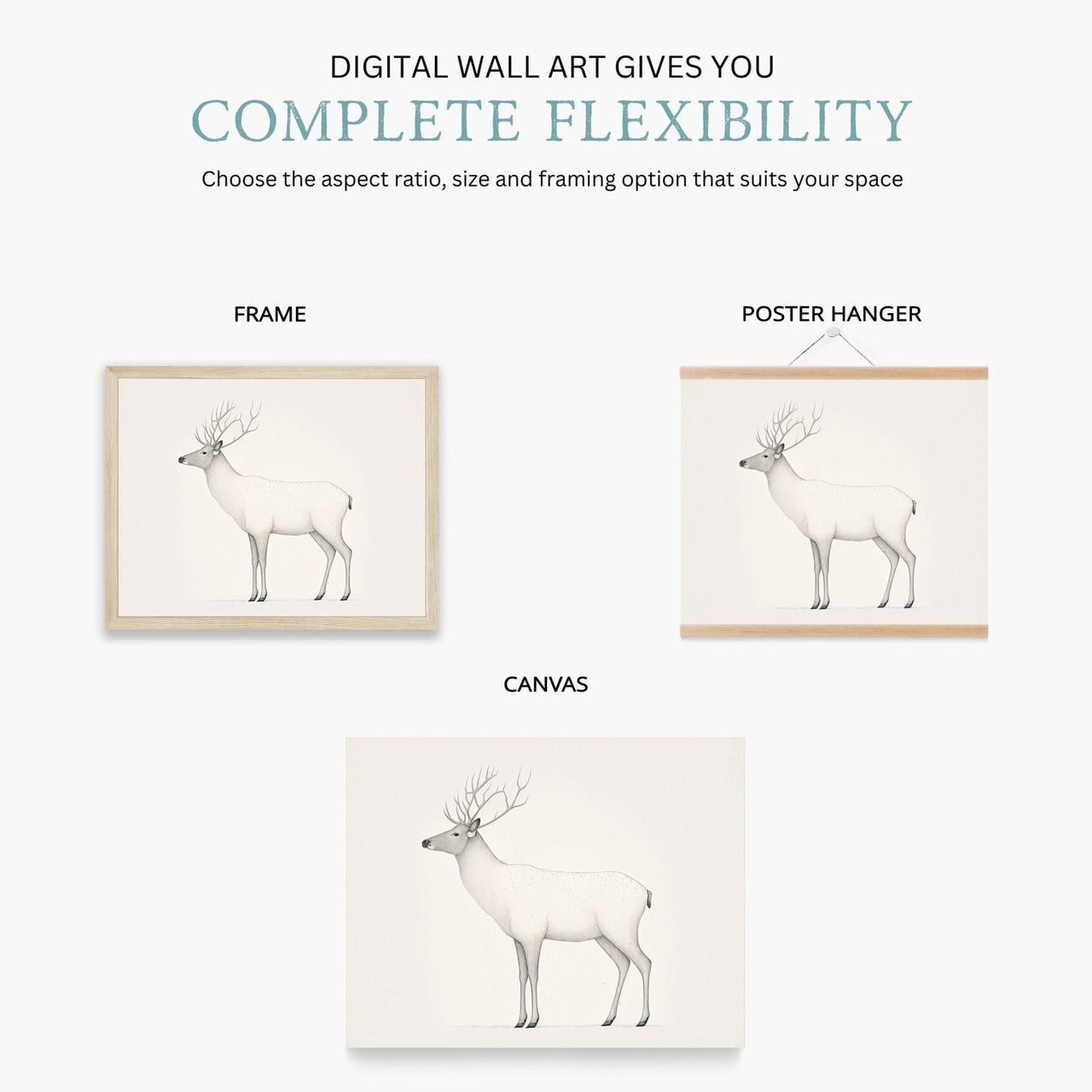 White Reindeer Wall Art – Animal Living Room Print