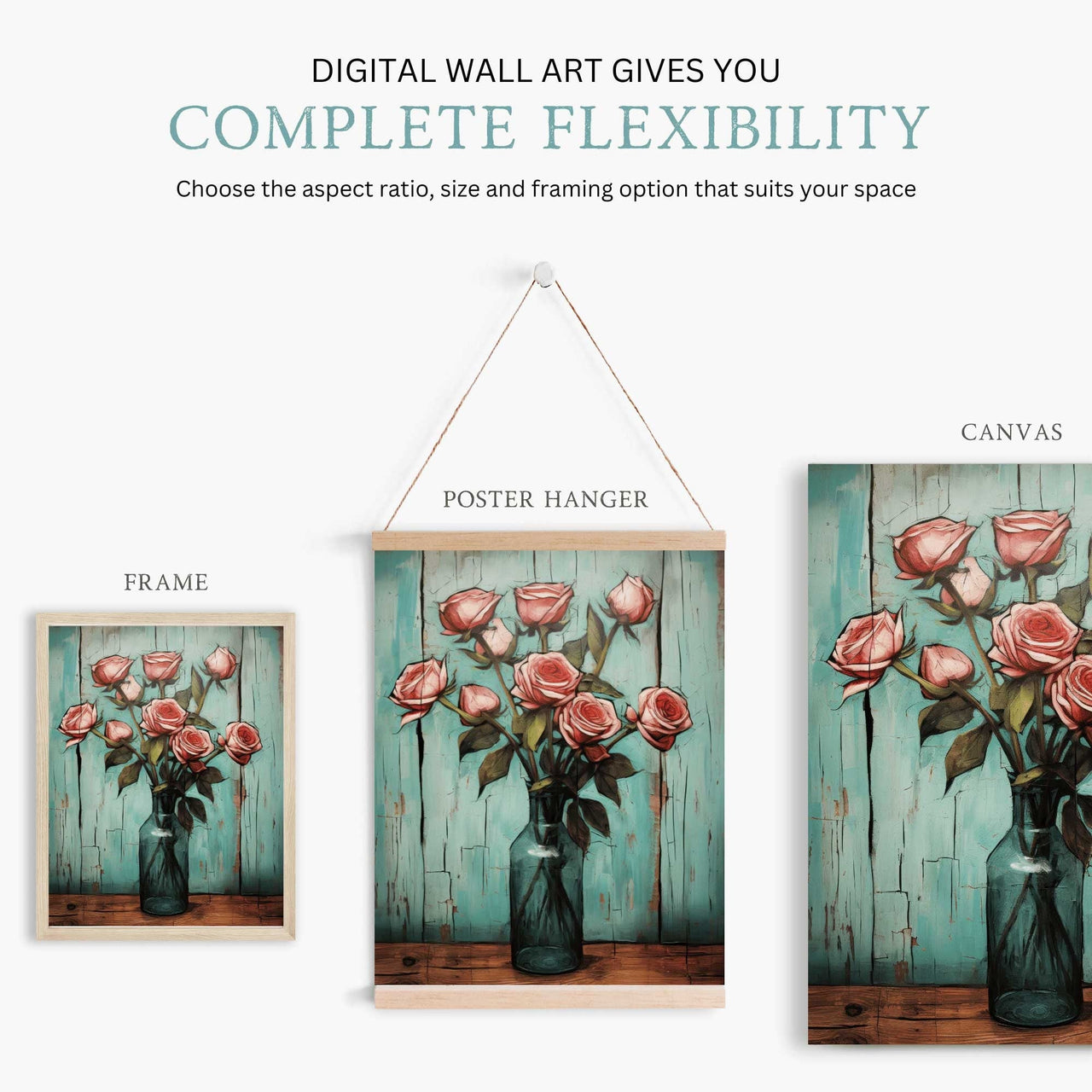 Pink Rose Wall Art – Floral Living Room Print