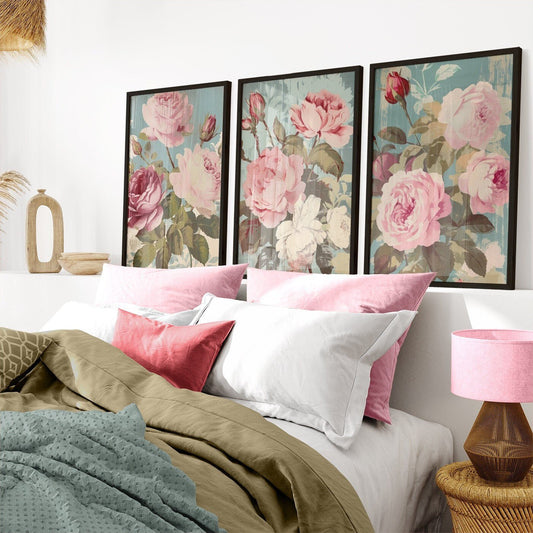 Vintage Rose Wall Art – Floral Living Room Decor Print • Set of 3