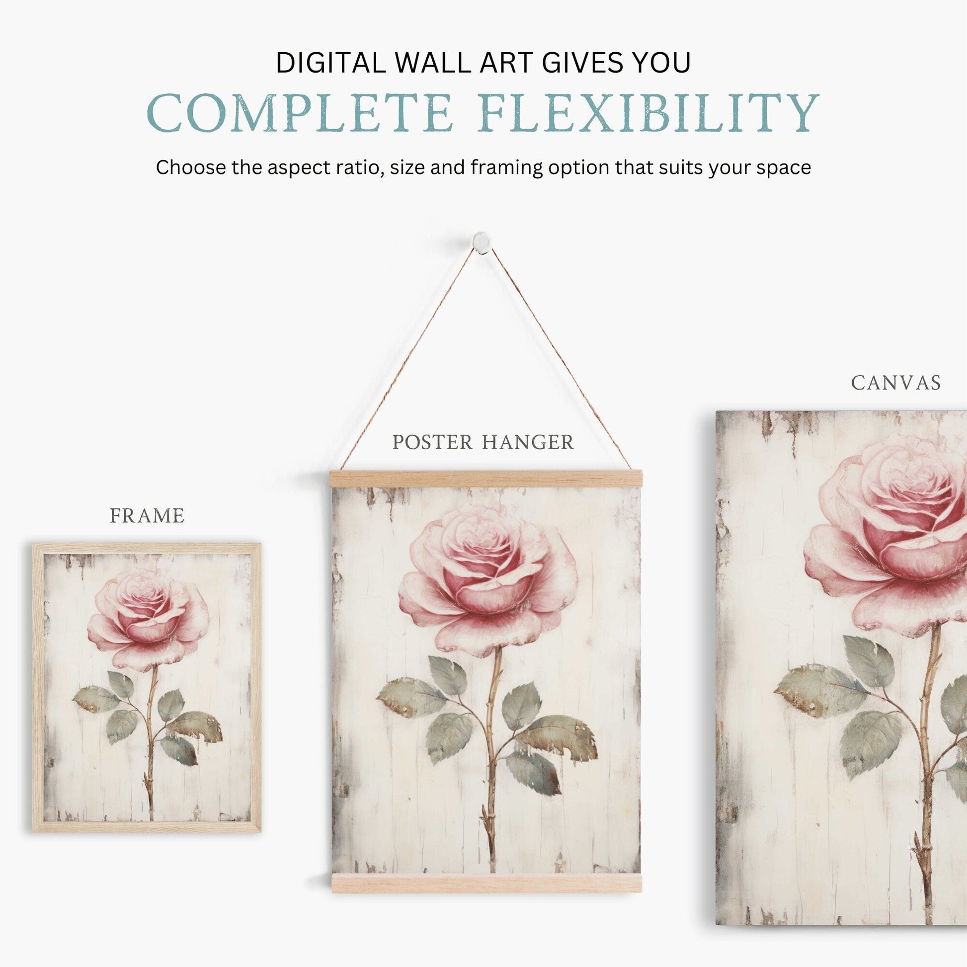 Rose Print, Pink Floral Art, Rustic Farmhouse Wall Decor - WildfieldPrints