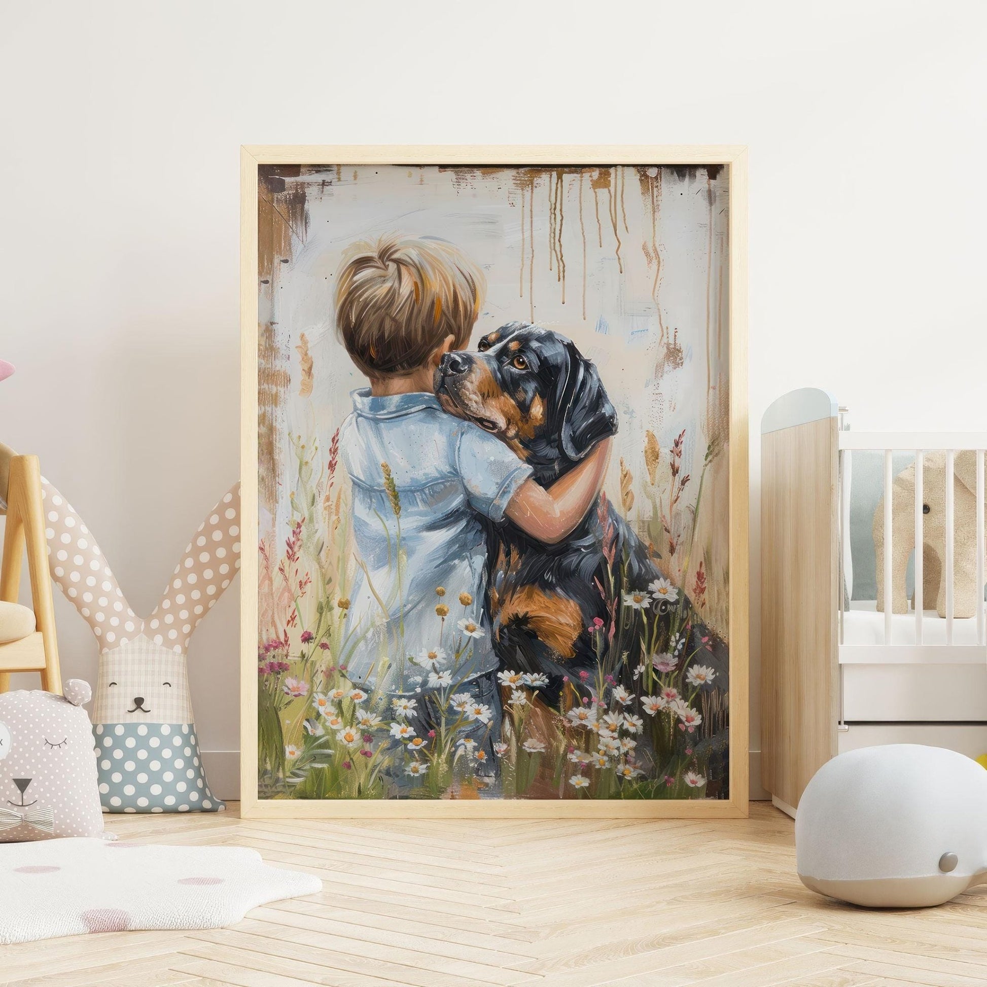 Rottweiler Art Print, Boy & Dog Decor, Pet Wall Artwork - WildfieldPrints