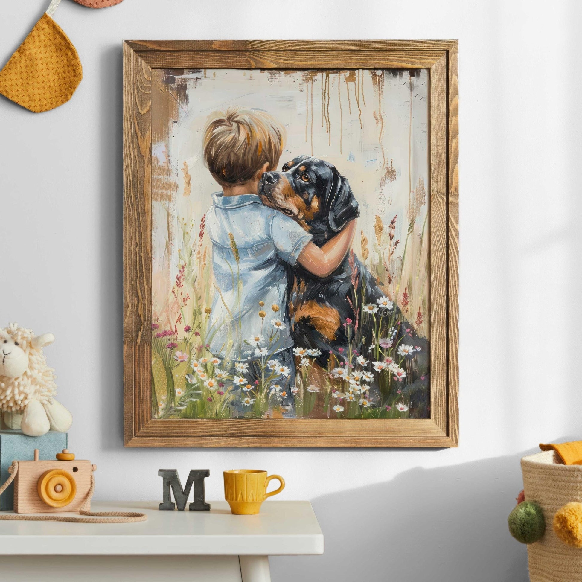 Rottweiler Art Print, Boy & Dog Decor, Pet Wall Artwork - WildfieldPrints