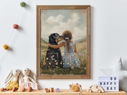Rottweiler Nursery Art, Girl & Dog Wall Decor, Rottie Print - WildfieldPrints