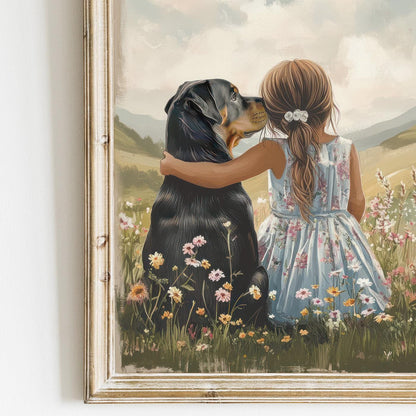 Rottweiler Nursery Art, Girl & Dog Wall Decor, Rottie Print - WildfieldPrints