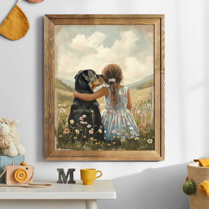 Rottweiler Nursery Art, Girl & Dog Wall Decor, Rottie Print - WildfieldPrints