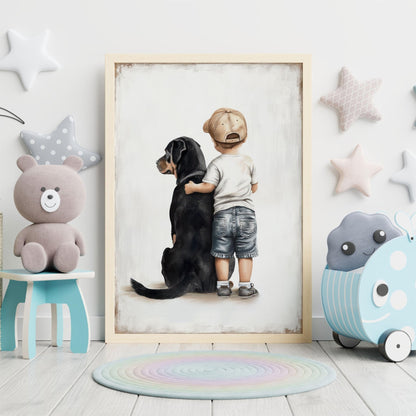 Rottweiler Nursery Decor, Boy & Dog Art Print, Cute Canine Wall Art - WildfieldPrints