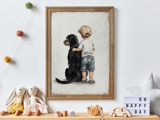 Rottweiler Nursery Decor, Boy & Dog Art Print, Cute Canine Wall Art - WildfieldPrints