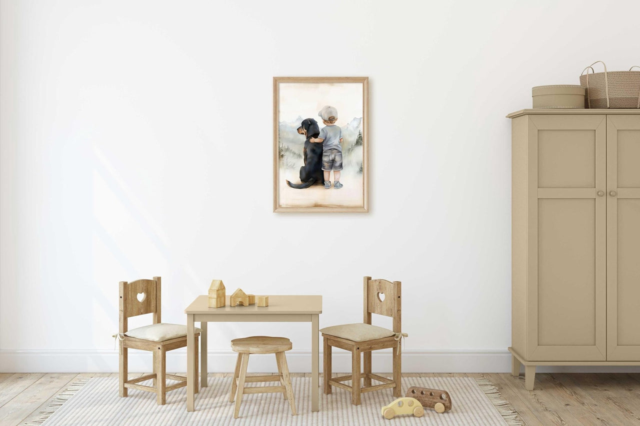 Rottweiler Wall Art – Boy and Dog Nursery Print for Boys
