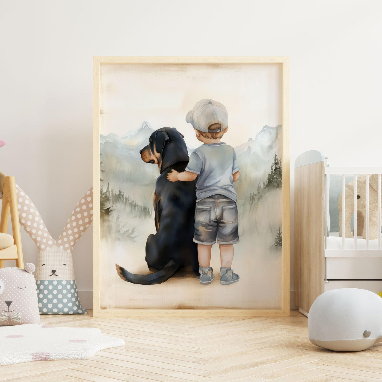 Rottweiler Wall Art – Boy and Dog Nursery Print for Boys