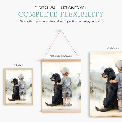 Rottweiler Nursery Decor, Boy & Dog Wall Art, Rottweiler Kids Art - WildfieldPrints