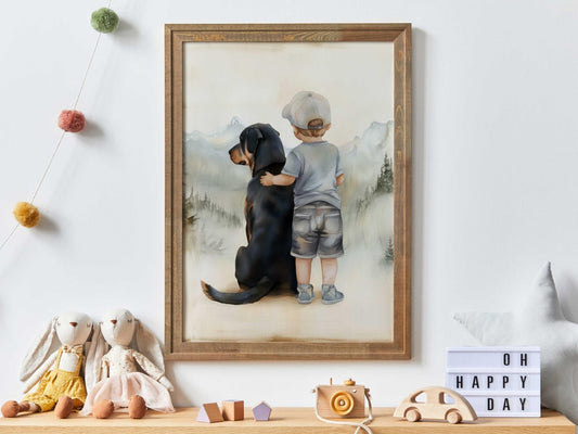 Rottweiler Nursery Decor, Boy & Dog Wall Art, Rottweiler Kids Art - WildfieldPrints