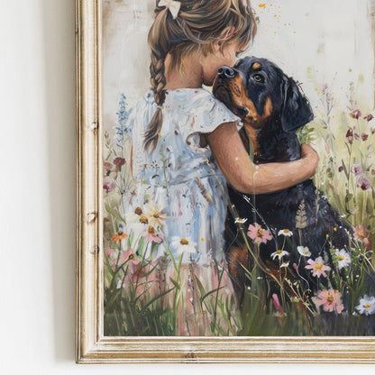 Rottweiler Nursery Decor, Girl & Dog Wall Art, Rottweiler Painting - WildfieldPrints