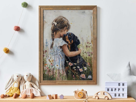 Rottweiler Nursery Decor, Girl & Dog Wall Art, Rottweiler Painting - WildfieldPrints