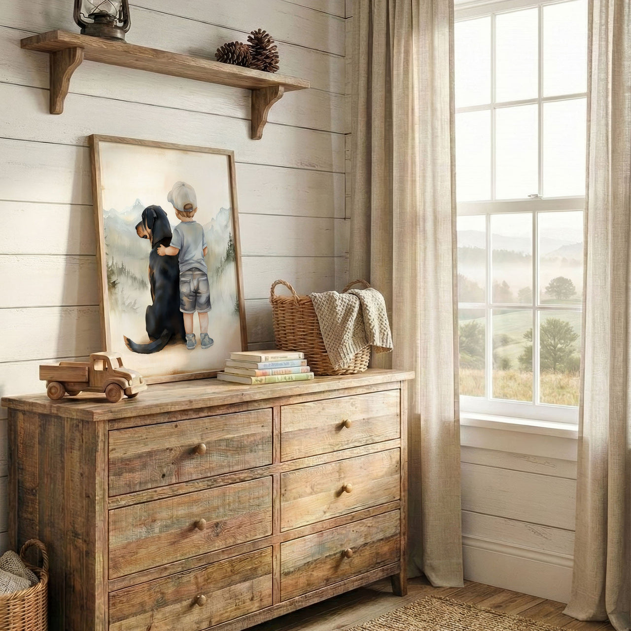 Rottweiler Wall Art – Boy and Dog Nursery Print for Boys